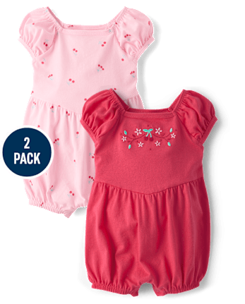 Baby Girls Embroidered Cherry Bubble Romper 2-Pack