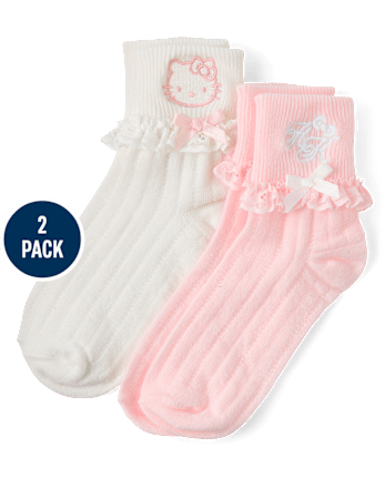 Girls Hello KittyÂ® Embroidered Ruffle Pointelle Turn Cuff Socks 2-Pack