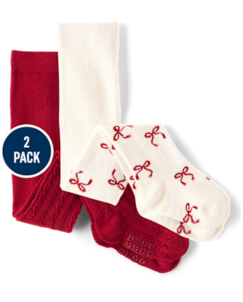 Baby And Toddler Girls Bow Tights 2-Pack - RED OCHRE