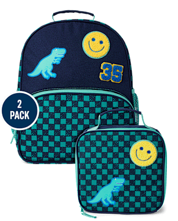 Toddler Boys Checkered Embroidered Patch Backpack 2-Piece Set