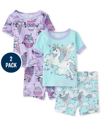 Lot De 2 Pyjamas En Coton A Manches Courtes Licorne Et Dessert Pour Bebe Et Toute Petite Fille The Children S Place Ca Softmarine