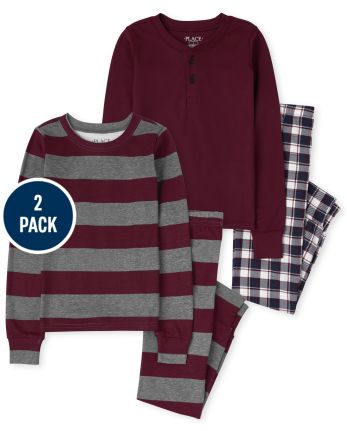 Boys Plaid Striped Snug Fit Cotton Pajamas 2-Pack