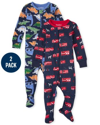 Baby And Toddler Boys Dino Fire Truck Snug Fit Cotton One Piece Pajamas 2-Pack