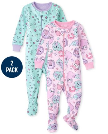 Baby And Toddler Girls Animal Stars Snug Fit Cotton One Piece Pajamas 2-Pack
