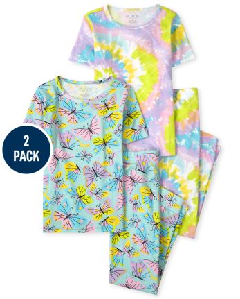 Girls Butterfly Tie Dye Snug Fit Cotton Pajamas 2-Pack