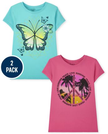 Paquete de 2 camisetas con estampado de mariposa y signo de la paz para niñas
