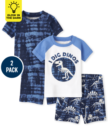 Paquete de 2 pijamas de algodón de ajuste ceñido con diseño de dinosaurio resplandeciente para bebés y niños pequeños