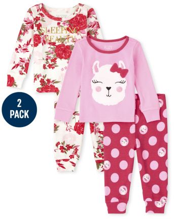 Paquete de 2 pijamas de algodón ajustados con flores y llamas para bebés y niñas pequeñas Mami y yo
