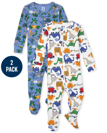 Paquete de 2 pijamas unisex de una pieza de algodón con ajuste ceñido de Safari Dino para bebés y niños pequeños
