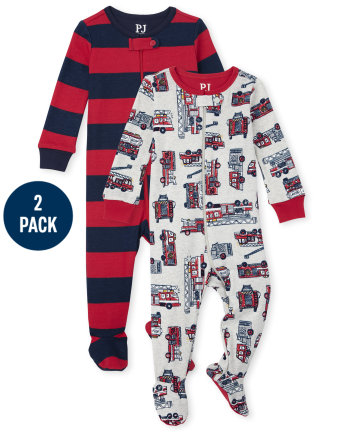 Baby And Toddler Boys Fire Truck Snug Fit Cotton One Piece Pajamas 2-Pack