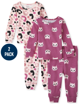 Baby And Toddler Girls Cat Leopard Snug Fit Cotton Pajamas 2-Pack