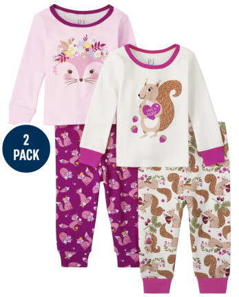 Baby And Toddler Girls Fox Squirrel Snug Fit Cotton Pajamas 2-Pack