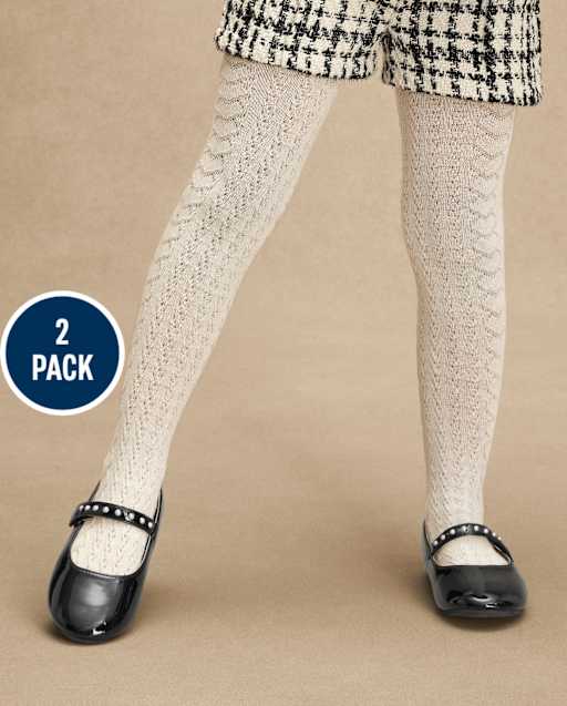 Girls Bow Cable Knit Tights 2-Pack - Petit Paris - view 2