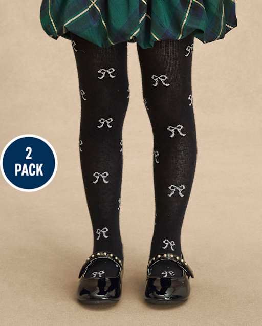 Girls Bow Cable Knit Tights 2-Pack - Petit Paris