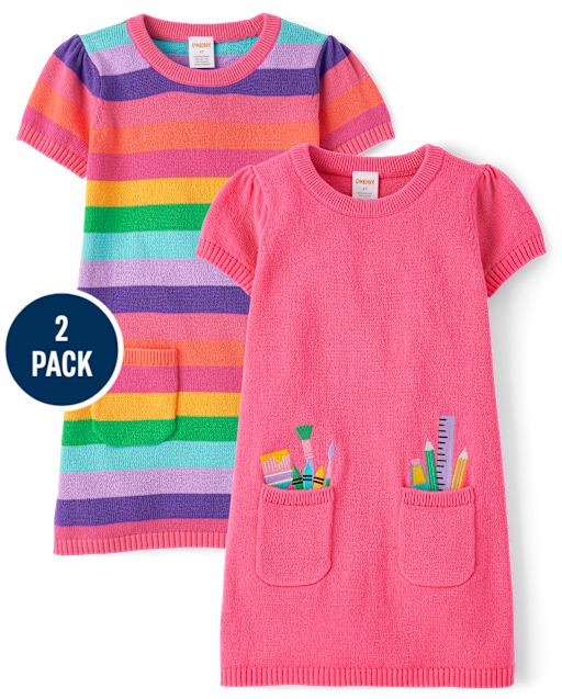 Girls Rainbow School Supplies Sweater Dress 2-Pack - Classroom Cutie