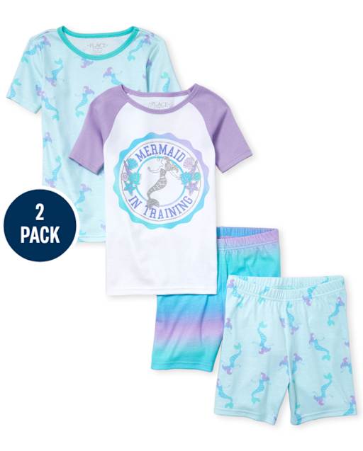 Girls Mermaid Snug Fit Cotton 4-Piece Pajamas