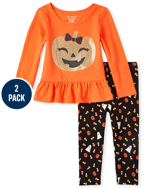 Baby And Toddler Girls Halloween Glitter Pumpkin Leggings Set