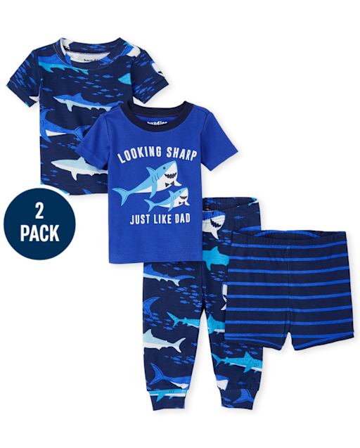 Pyjama 4 pièces en coton ajusté Shark Dad pour bébés et tout-petits garçons