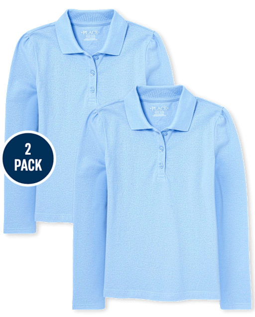 Polo de piqué de manga larga uniforme para niñas, paquete de 2