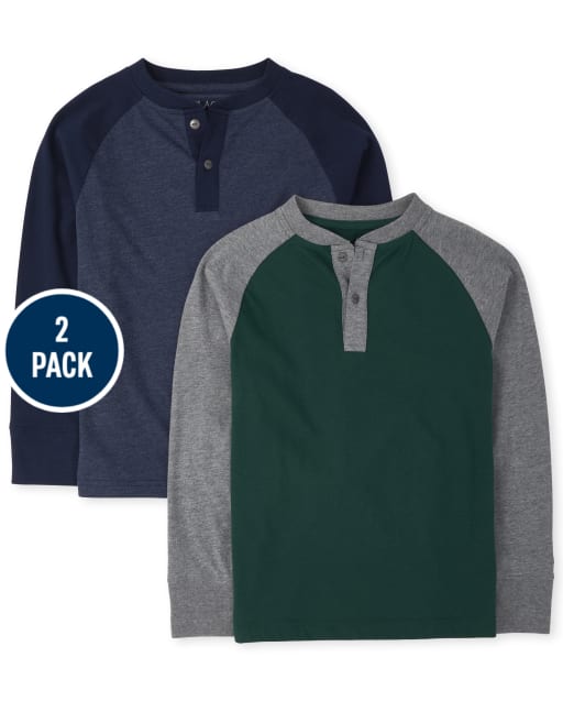 Paquete de 2 tops con cuello henley y manga raglán para niños