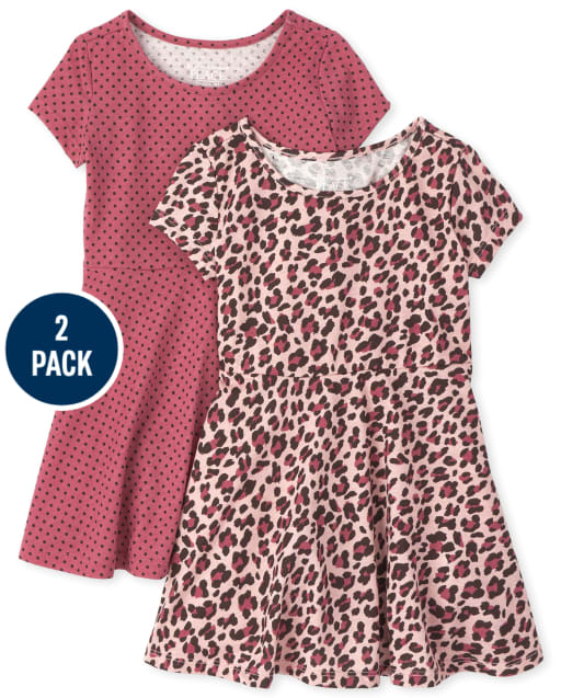 Paquete de 2 vestidos skater con estampado de leopardo para bebés y niñas pequeñas