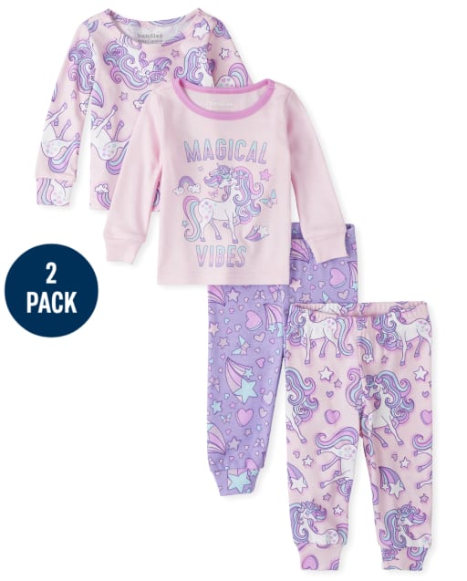 Pijamas de 4 piezas de algodón ajustados con diseño de unicornio para bebés y niñas pequeñas
