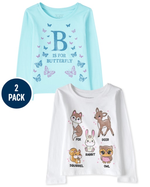 Paquete de 2 camisetas con estampado de animales para bebés y niñas pequeñas