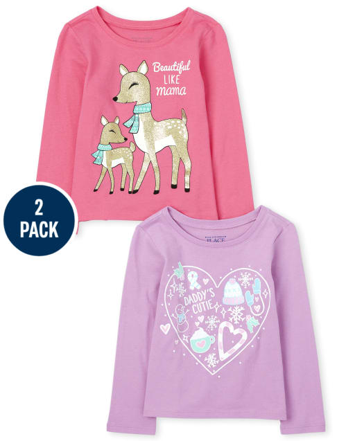 Paquete de 2 camisetas con gráfico familiar para niñas pequeñas