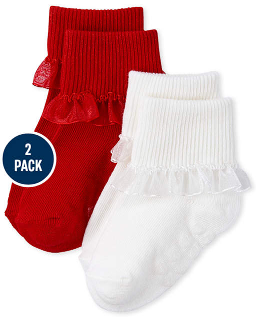 Paquete de 2 pares de calcetines con puños giratorios con volantes para niñas pequeñas