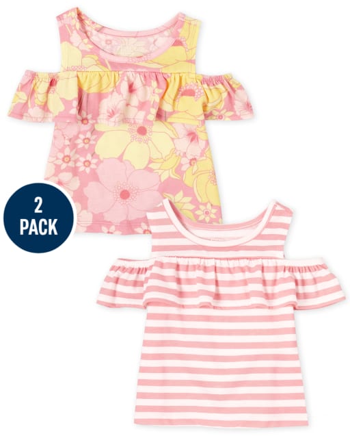 Lot de 2 hauts à épaules dénudées à rayures et fleurs pour petites filles