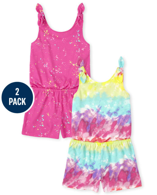 Girls Print Tie Shoulder Romper 2-Pack