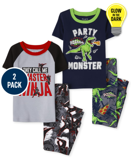 Pijama de algodón de ajuste ceñido Glow Ninja Dino para niños, paquete de 2