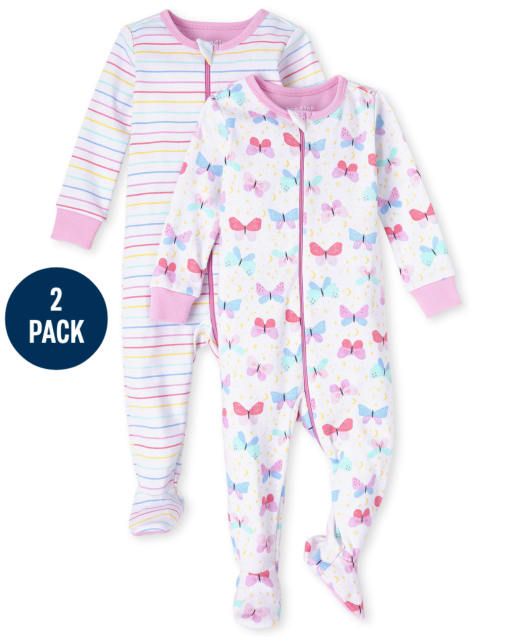 Baby And Toddler Girls Butterfly Snug Fit Cotton One Piece Pajamas 2-Pack