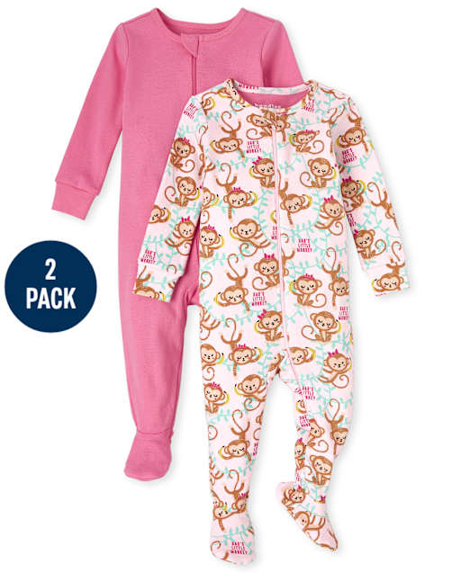 Pyjama une pièce en coton ajusté singe pour bébés et petites filles, paquet de 2