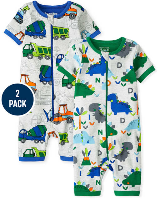 Paquete de 2 pijamas de una pieza de algodón con ajuste ceñido de Dino Trucks para bebés y niños pequeños