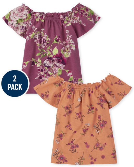 Paquete de 2 tops fruncidos con estampado floral para niñas