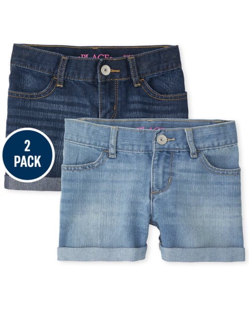 Girls Roll Cuff Denim Shortie Shorts 2-Pack