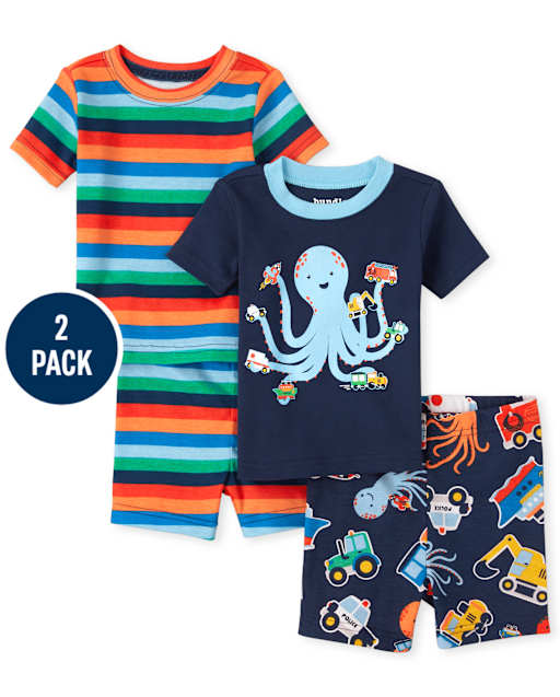 Pijamas de algodón ajustados con rayas de pulpo para bebés y niños pequeños, paquete de 2