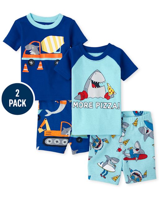 Pack de 2 pijamas de algodón ajustados con diseño de tiburón para bebés y niños pequeños