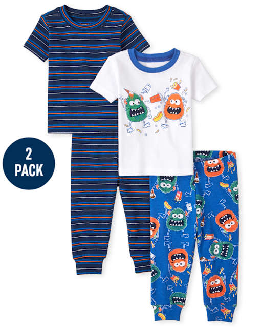 Baby And Toddler Boys Monster Striped Snug Fit Cotton Pajamas 2-Pack