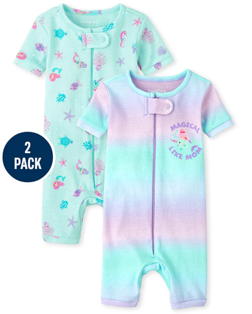 Pijamas de una pieza de algodón con ajuste ceñido de sirena para bebés y niñas pequeñas, paquete de 2