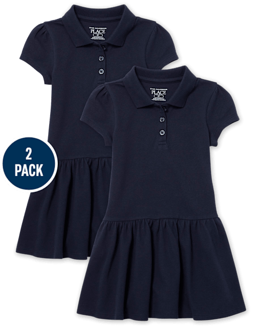 Toddler Girls Uniform Ruffle Pique Polo Dress 2-Pack