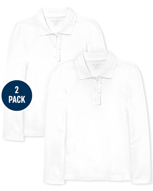 Paquete de 2 polos de piqué con volantes y manga larga uniforme para niñas