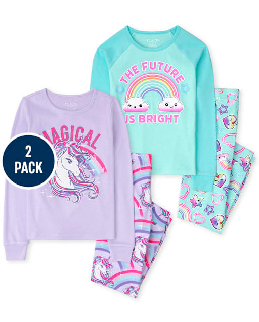 Girls Unicorn Rainbow Snug Fit Cotton Pajamas 2-Pack