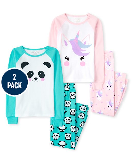 Girls Unicorn Panda Snug Fit Cotton Pajamas 2-Pack