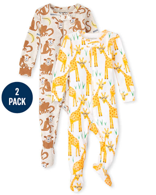 Baby And Toddler Monkey Giraffe Snug Fit Cotton One Piece Pajamas 2-Pack