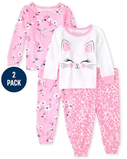 Baby And Toddler Girls Cat Floral Snug Fit Cotton Pajamas 2-Pack