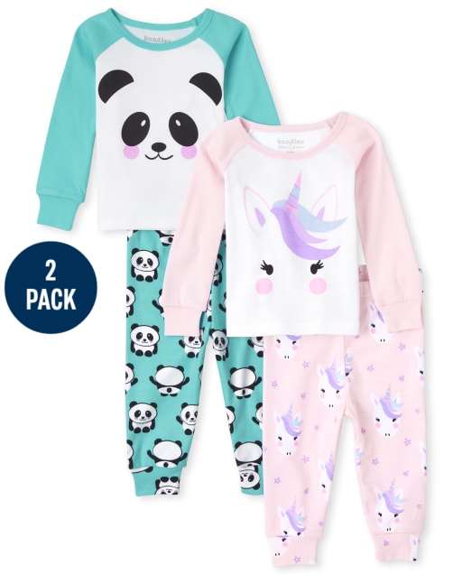 Baby And Toddler Girls Unicorn Panda Snug Fit Cotton Pajamas 2-Pack