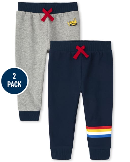 Baby And Toddler Boys Construction Striped Fleece Jogger Pants 2-Pack
