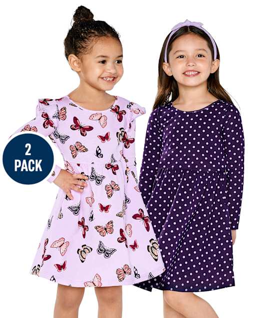 Lot de 2 robes de tous les jours à pois papillon pour petites filles